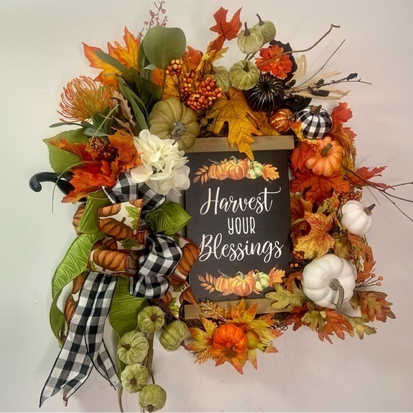 Fall Floral Harvest Blessing Pumpkin Black Buffalo Plaid Door Wall Autumn Wreath